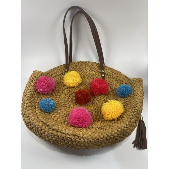 Sam Edelman Handbags - Sam Edelman Straw Yarn Multicolor Pom Poms Beach Bohemian Boho Casual Bag‎ Tote